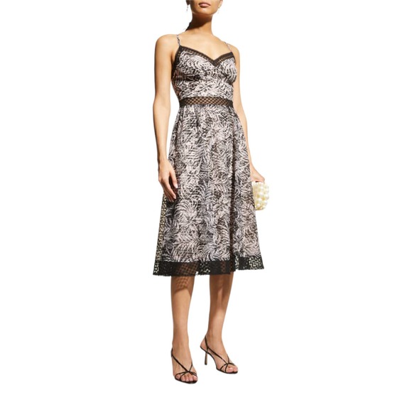 NWOT SHO by Tadashi Shoji Botanical Print Lace Inset Midi Dress in Black - Picture 2 of 16